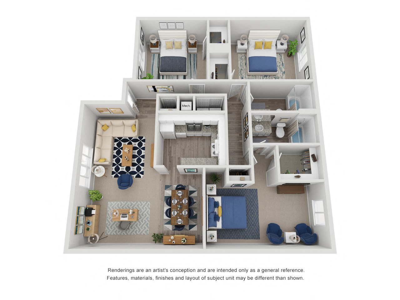 Floor plan for 3 beds, 2 baths, 1372 sqft